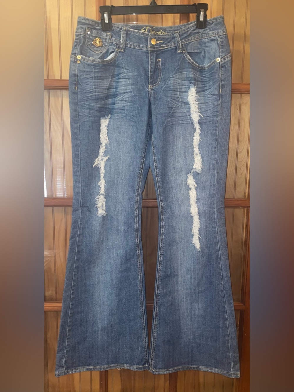 Dereon Distressed Flare Jeans in Blue